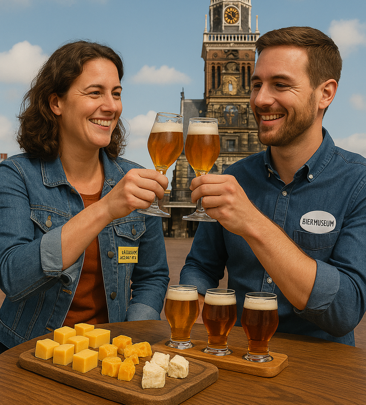 Een man van het Biermuseum en een Vrouw van het Kaasmuseum die samen proosten met een biertje en wat kaasblokjes